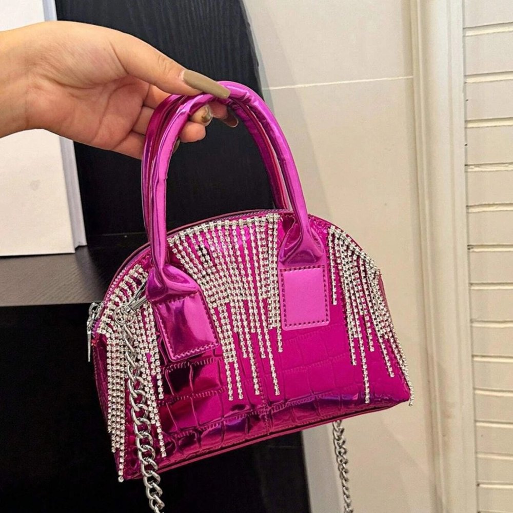 Hot Pink Croc Dome Bag 💖 Rhinestone & Tassel Funky Mini Purse ✨
